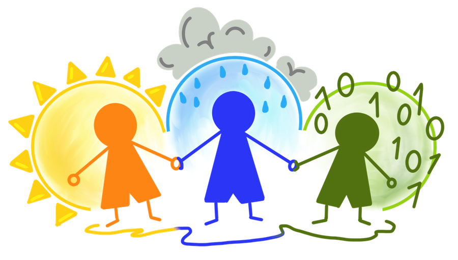 Workshop logo featuring three people joining hands around climate, weather, and data science.